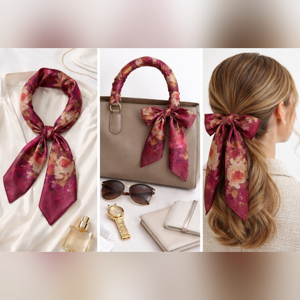 Lauren Ralph Lauren Floral Silk Skinny Scarf Twilly Burgundy Pink Gold 53x12 - Picture 7 of 7